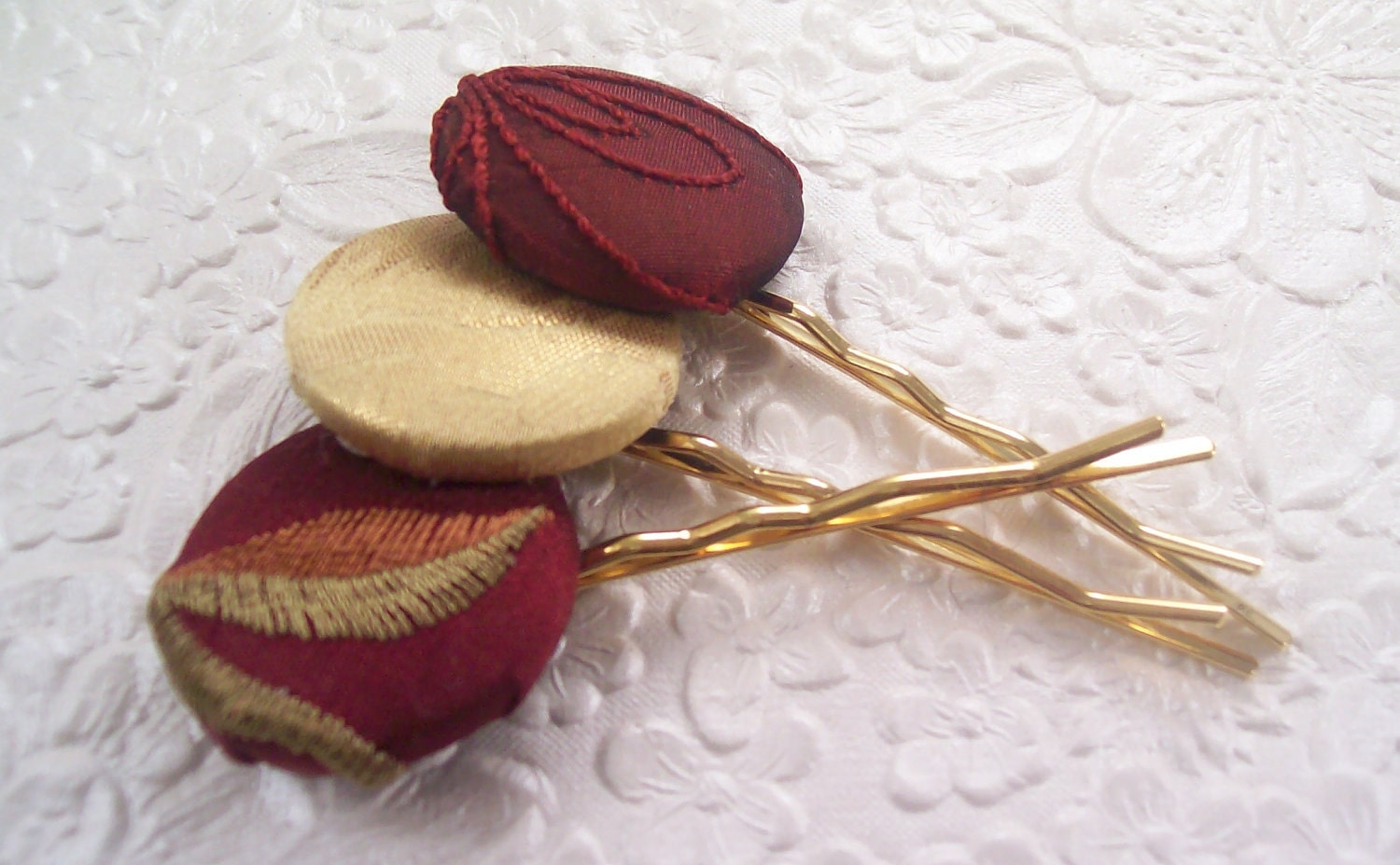 Hair-pins - 3 fabric covered buttons - cranberry and gold - EmbellishedLife
