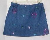 Denim A Line Skirt  or Skort in Blue Denim with Embroidered Hearts