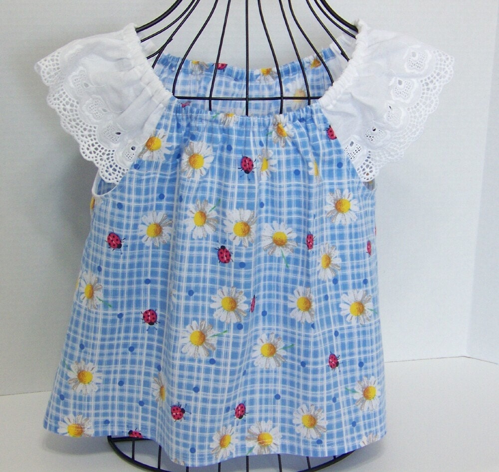 Blouse or Dress Blue Plaid with Lady Bugs and Daisies-Eyelet Sleeves Peasant Style