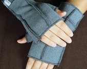 Mittens Gray Recycled Fleece Fingerless Gloves,  BLACK thread, warm winter mitts, size small