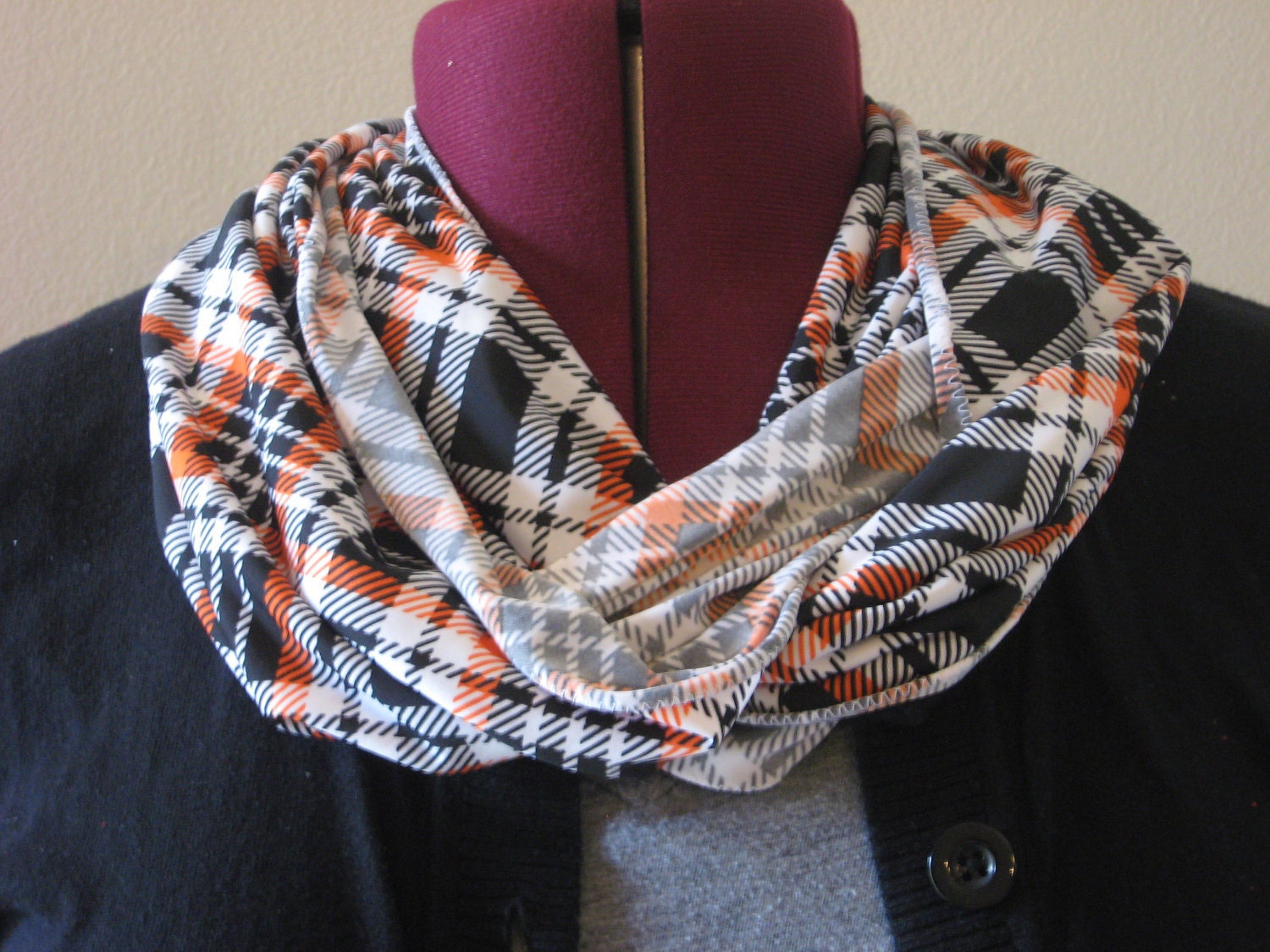 Infinity scarf plaid orange and black print