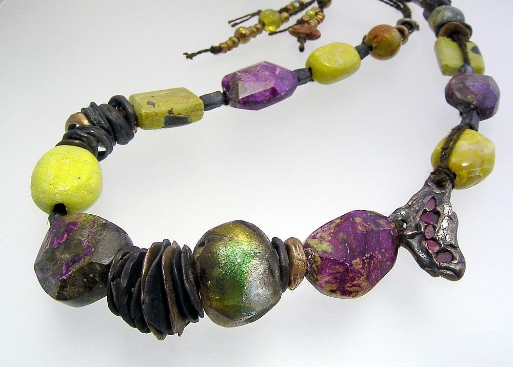 Urban Primitive Blessed Muse Necklace: Steel, Bronze, Gemstone Nuggets and Basha Beads