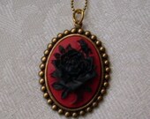 Gothic Black Rose Red Cameo Necklace on French Brass Chain