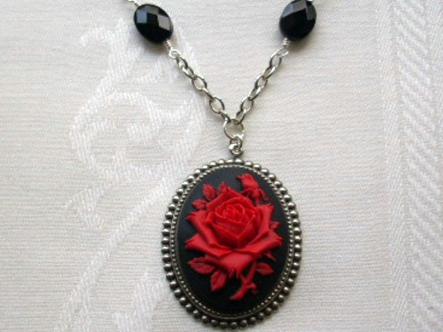 Red Rose Cameo Black Onyx Stone Necklace SALE