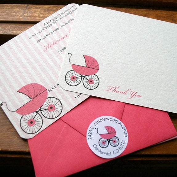 Baby Shower Invitation Girl Suite, Carriage Silhouette, Stickers, Address Labels, Thank you Cards - Choose Your Color by le papier studio