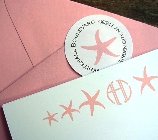 Starfish Monogram Stationery with Stickers, Personalized Stationery, set of 24