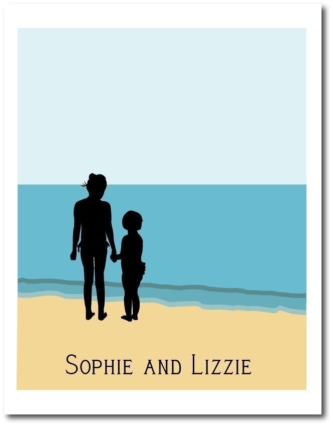 Children's Silhouette Wall Art, Fun at the Beach, 8x10, Nursery Room Decor, Name print