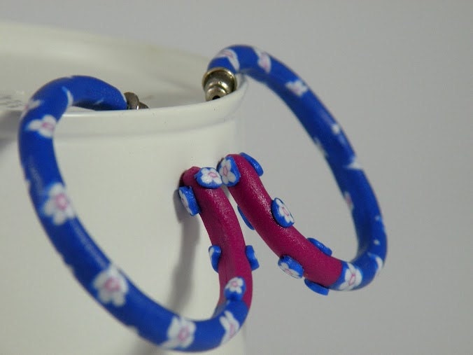 Hoop Earings in Blue, Fushia and White - Summer
