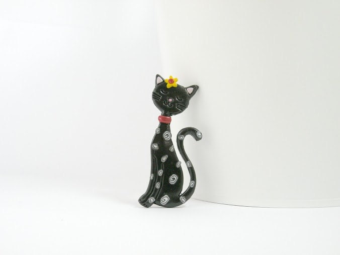 Black Cat Brooch with yellow flower hair pin