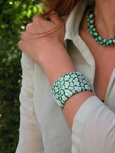 Green Cuff, Bracelet - Green Flower Bangle
