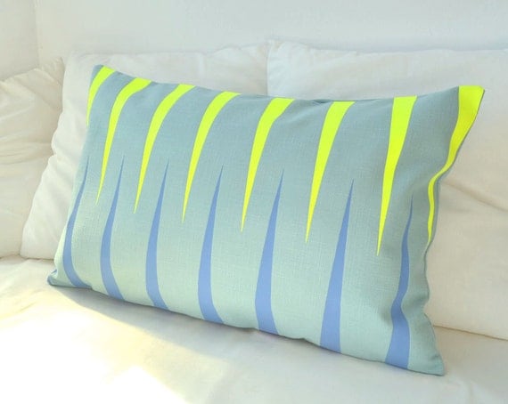 Teal blue modern decorative lumbar pillow with neon yellow details-Surfing with Fabrics-