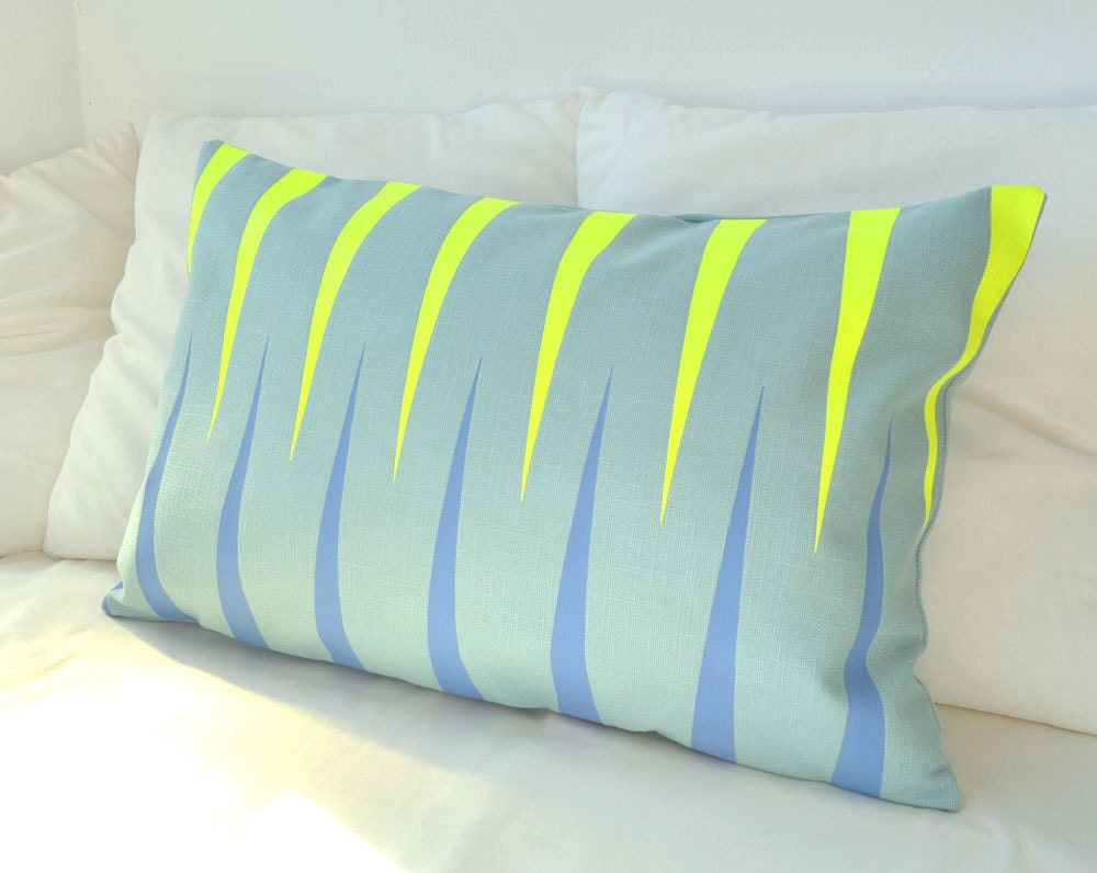 Teal blue modern decorative lumbar pillow with neon yellow details-Surfing with Fabrics-