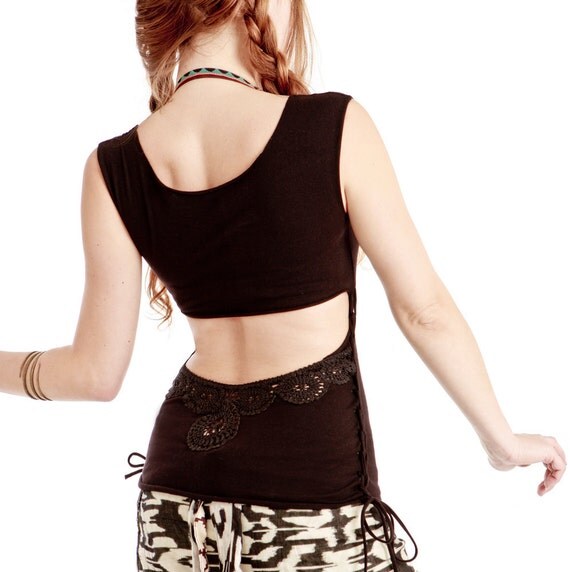 Items similar to Black Women top with a lower back Crochet detail