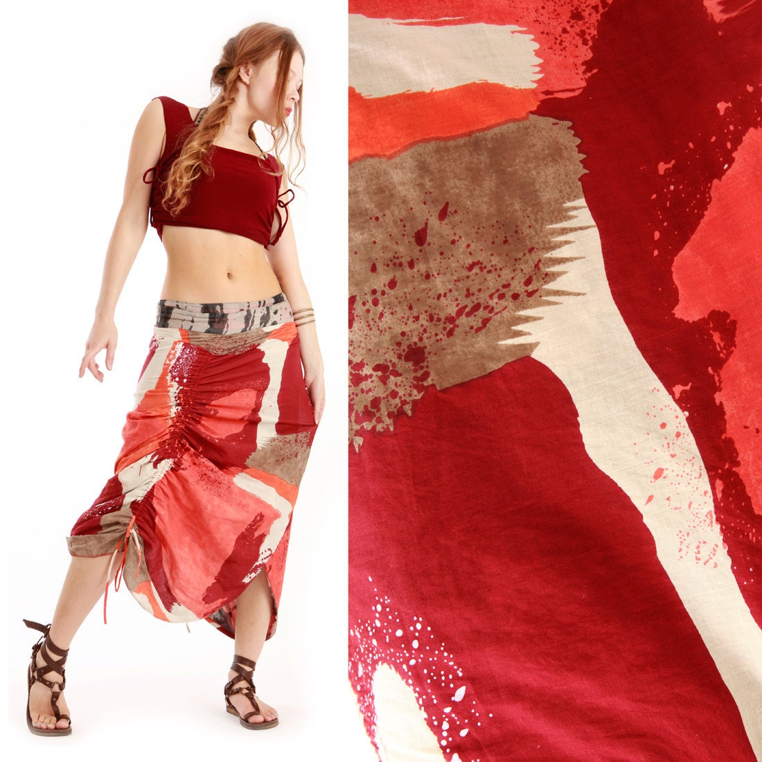 Bold Brush strokes Red Wrap skirt, 2 sided, Gorgeous patterns , 2 ways to wear