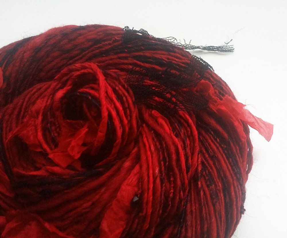 Art Yarn FLAMING PASSION - Handspun. Stunning Red, Black. Bohemian Glass Beads, Silk Ribbons, Lace Fabric. 160 yards, 3 oz