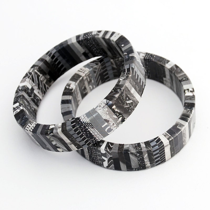 Recycled Magazine Wrapped Eco Friendly Bangle Bracelet in Shades of Black and White - Urban Asphalt