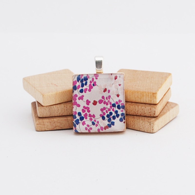 Recycled Scrabble Tile Pendant - Cherry Blossom Fun