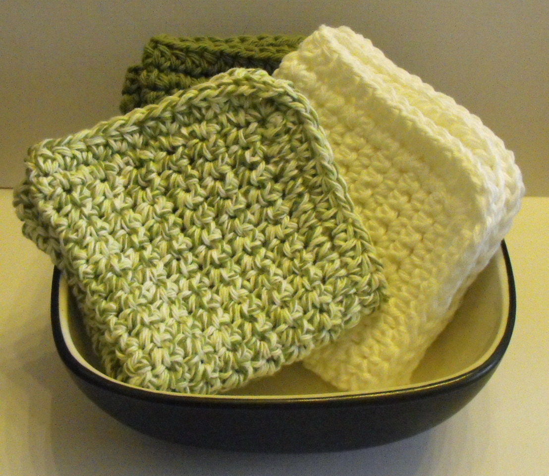 Cotton Crochet Dishcloths or Washcloths  - greens set of 3