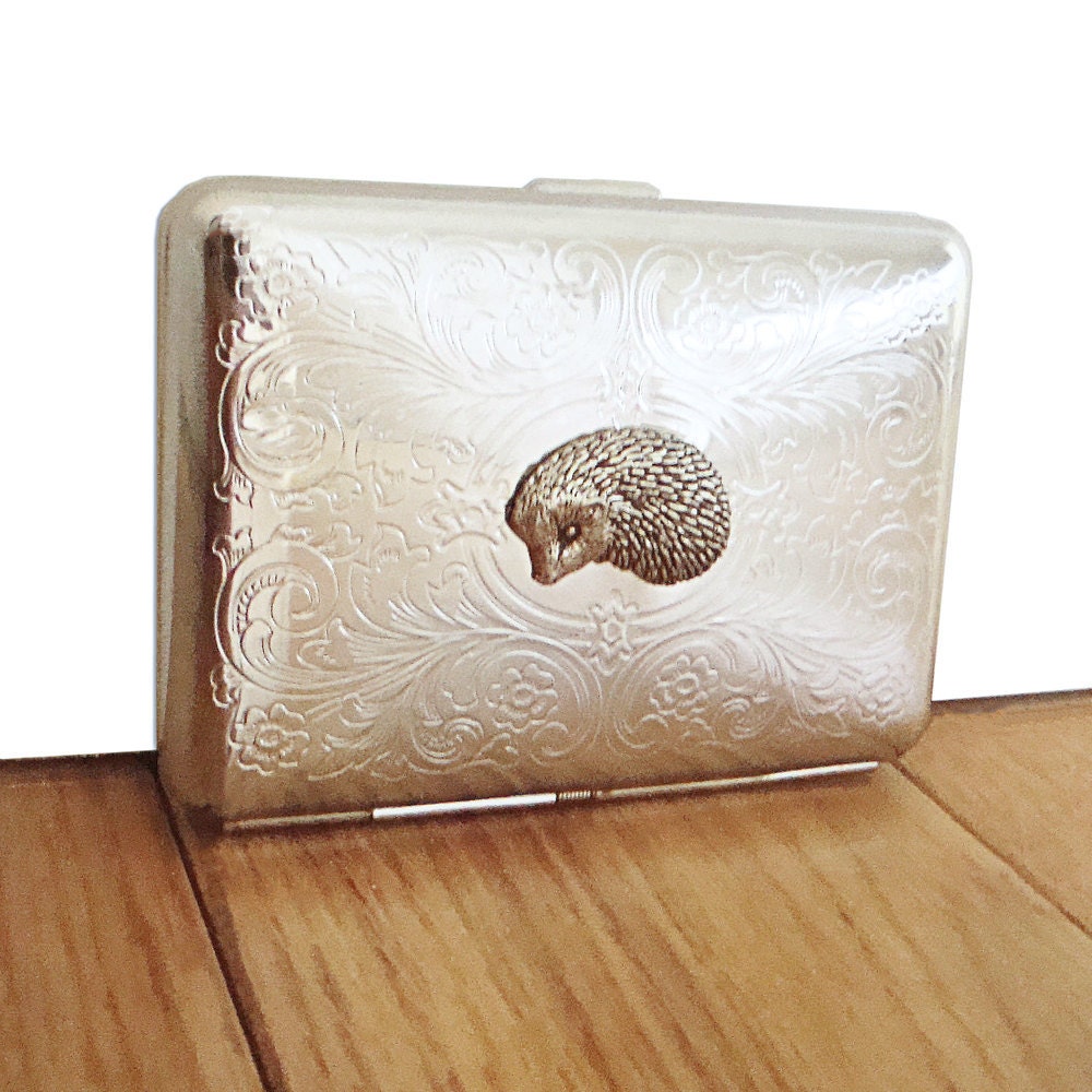 Hedgehog Cigarette Case or Business Card Holder. Scrolly Ornate Pattern.
