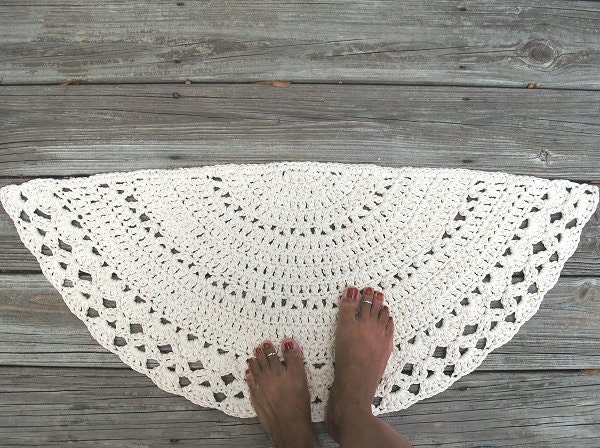 Ecru, Off White Cotton Crochet Rug in Half Circle Non Skid