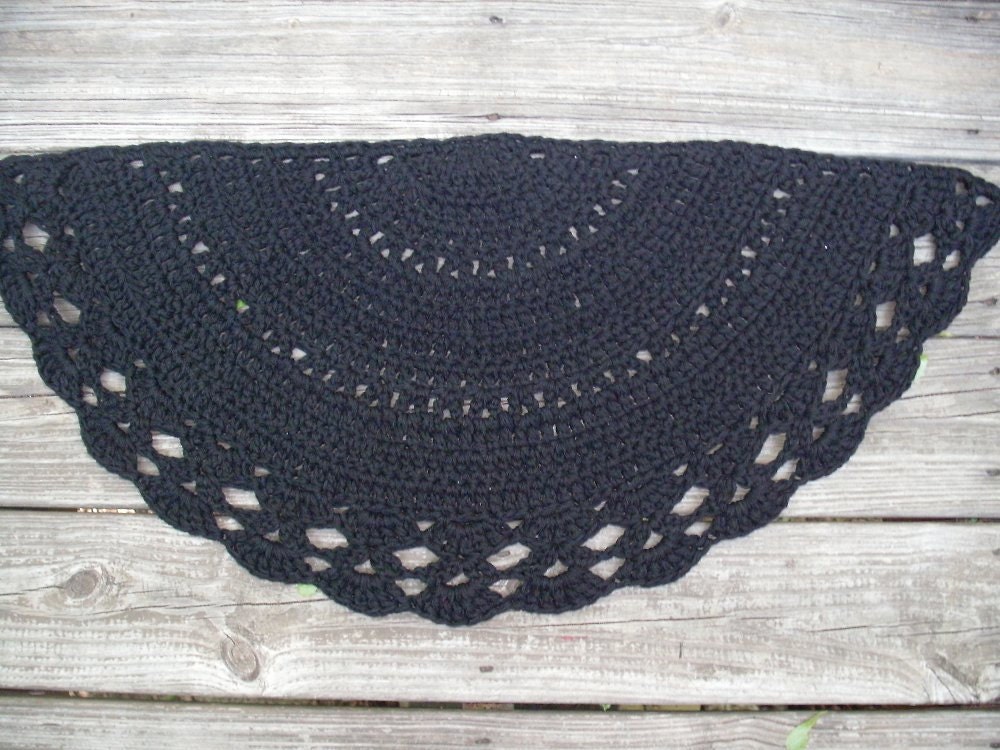 Black Crochet Cotton Rug in Half Circle Non Skid