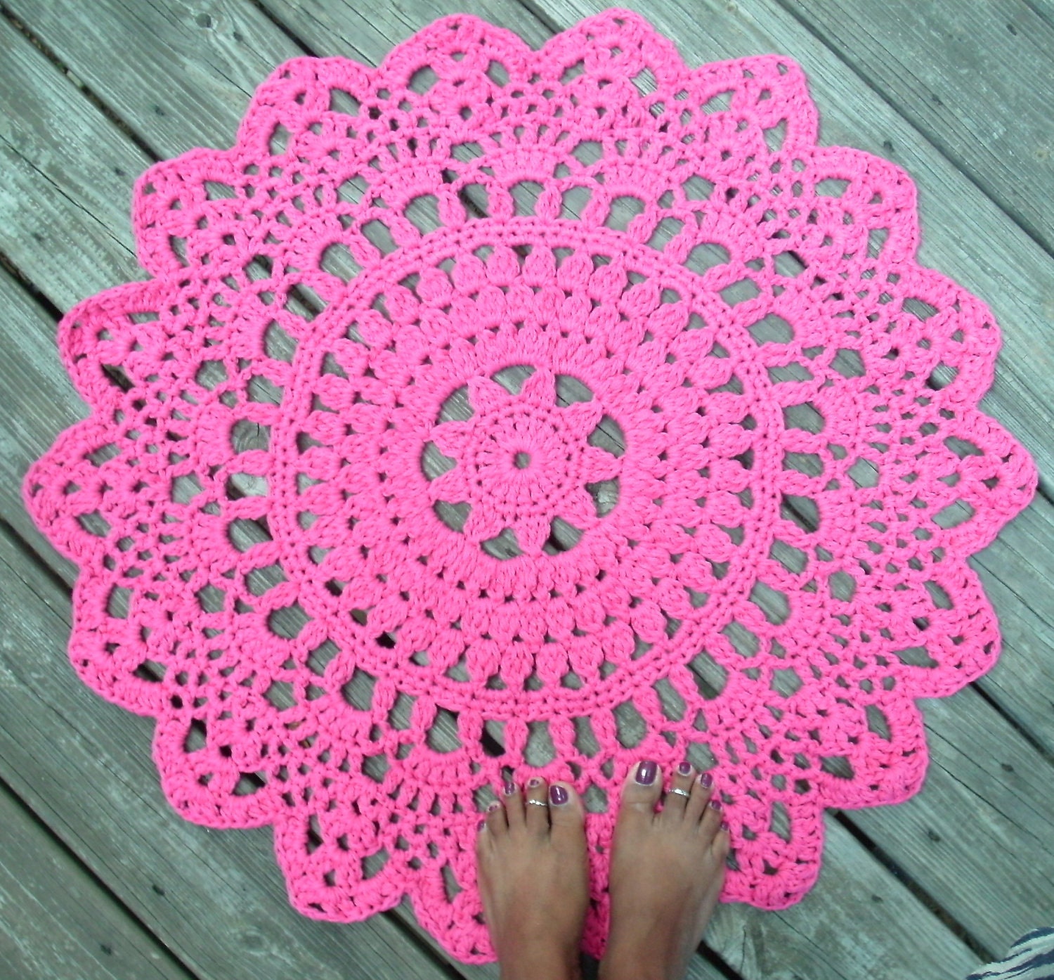 Fuschia Hot Pink Cotton Crochet Doily Rug in 30" Circle Lacy Pattern Non Skid
