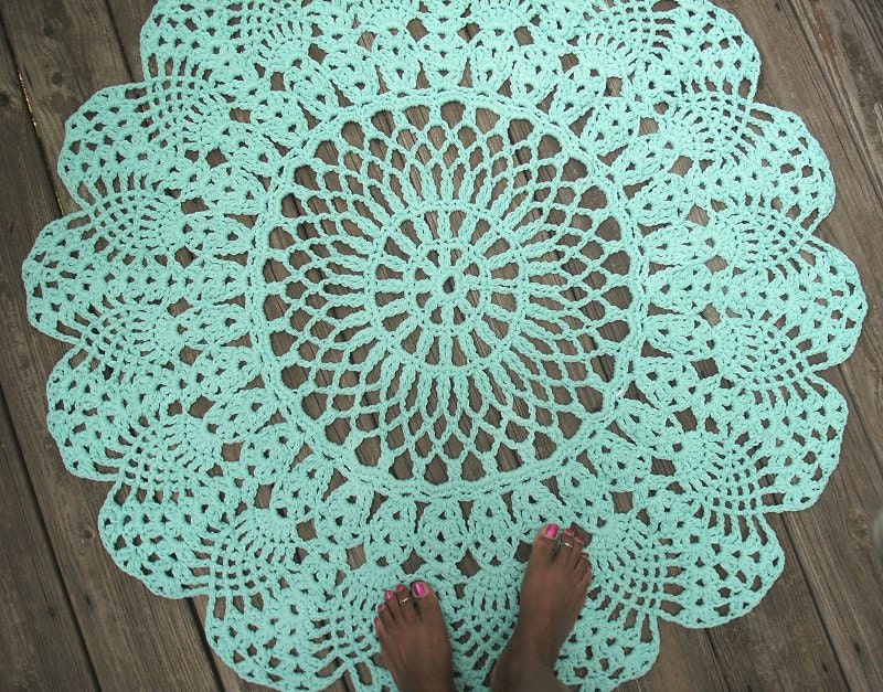 Robins Egg Blue Cotton Crochet Rug in Large Circle Pineapple Lacy Pattern Non Skid