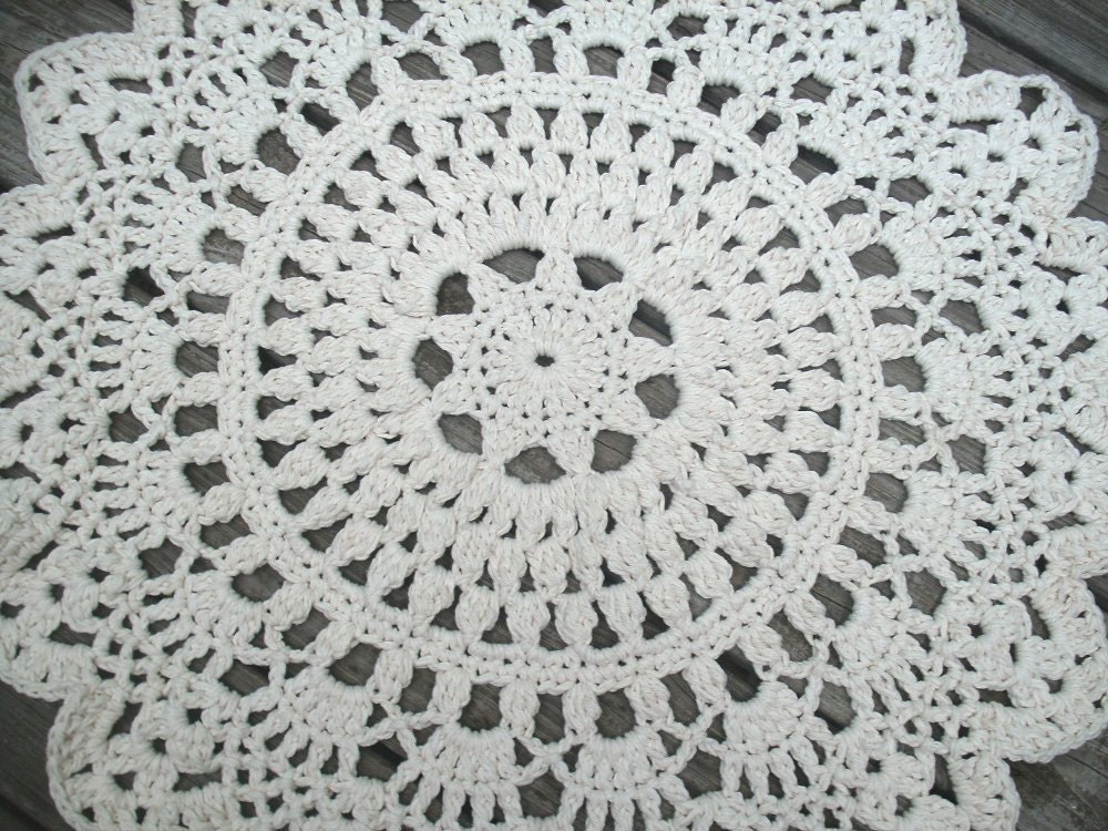Ecru Off White Cotton Crochet Doily Rug in 30" Circle Lacy Pattern Non Skid READY TO SHIP