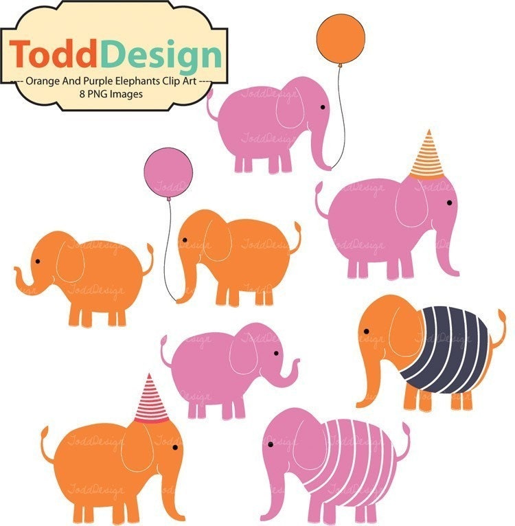 Orange and Purple Elephants clip art ( set of 8)