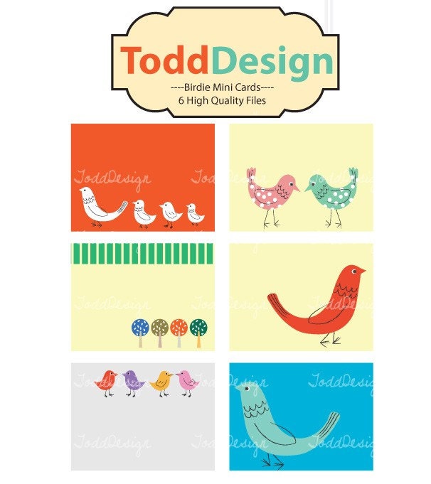 Printable Birdie Mini Cards (Set Of 6) For Scrapbooking, Thank You Card, Invitation, Baby Shower, Holiday Card, Tag, Label, And More