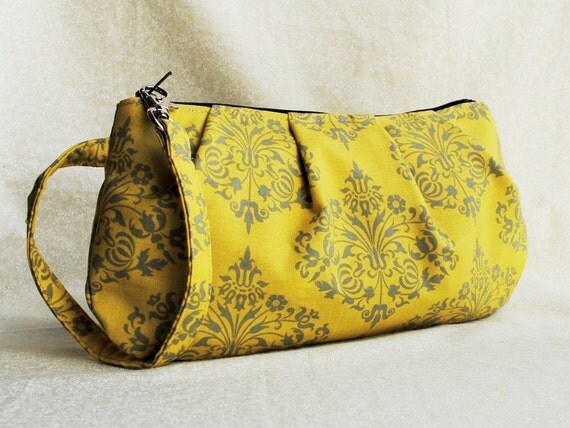 Pleated Wristlet Zipper Pouch // Clutch - Park Fountains in Mustard