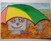 Mr Random Dude is hiding on the Beach - ACEO OOAK Original mixed media painting