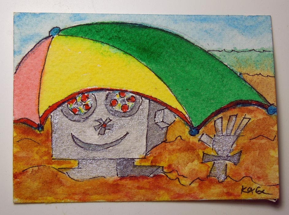 Mr Random Dude is hiding on the Beach - ACEO OOAK Original mixed media painting