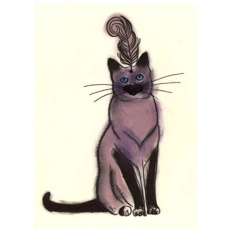 Siamese cat art drawing (print) - Matching coat and accessories - 4" X 6" print