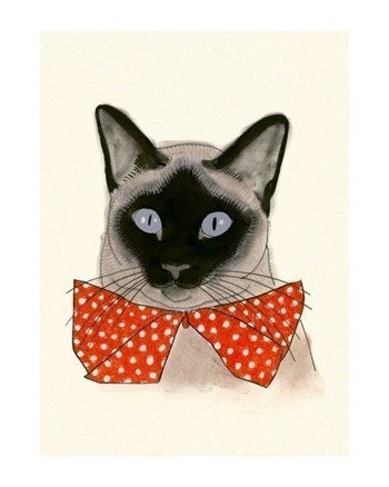 Siamese Cat Art - Red Bow Tie - 4" X 6" cat print