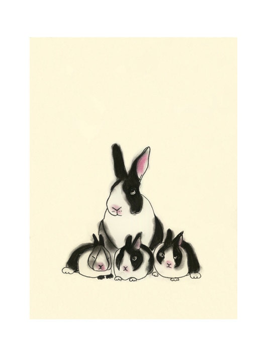 Bunny Rabbit art print - Rabbit Family Portrait  -  4 X 6 print