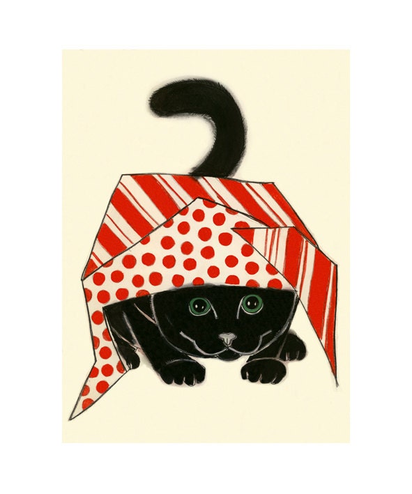 Black Cat Art print - Black kitty red wrapping paper