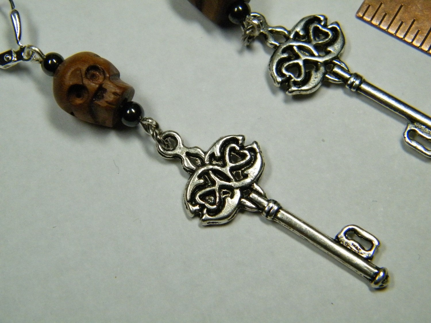Pirate: Carved wood skulls with Hematite and key charms, earrings