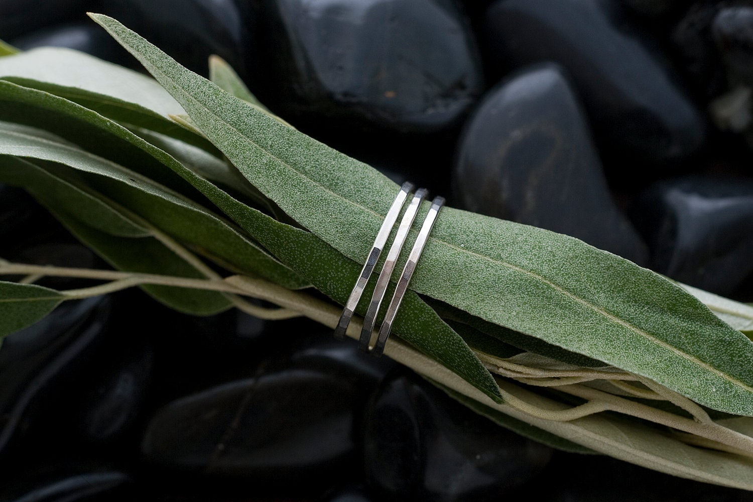 Set of three thin silver bands