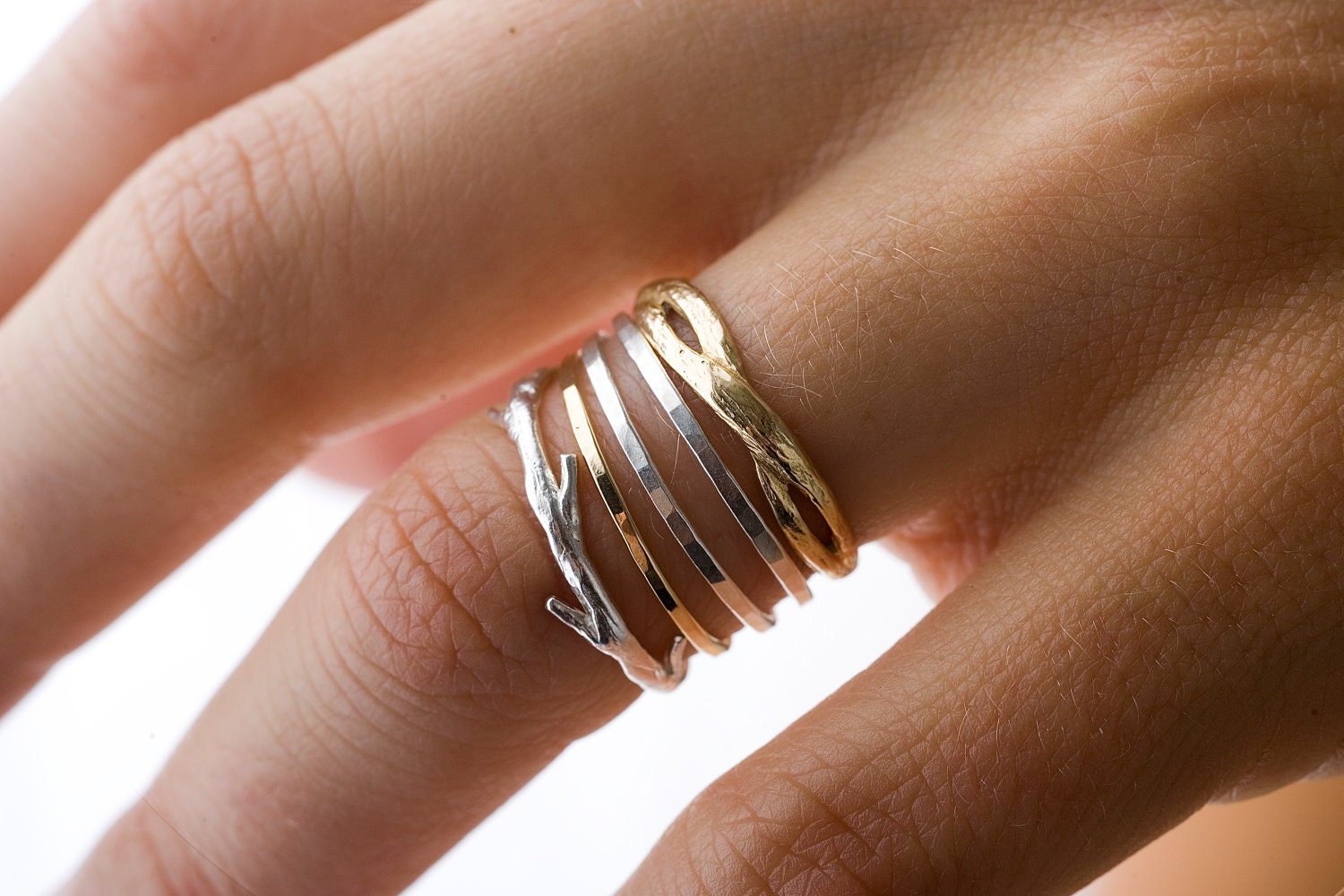 Twisty Twig band Set, gold vermeil and silver