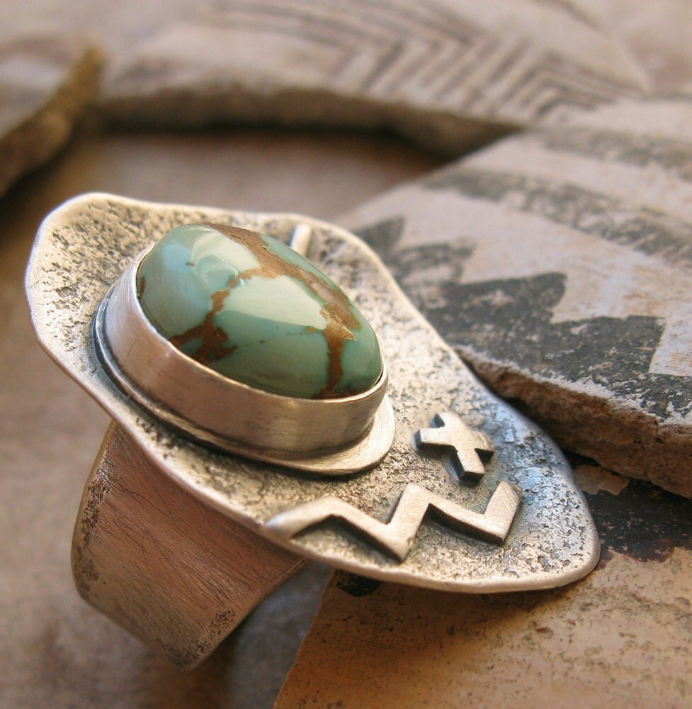 SALE Natural Turquoise and Sterling Petroglyph Ring