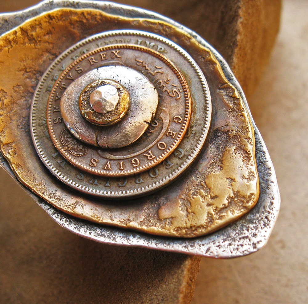 Stacked and Riveted Eye Ring with Vintage Coins, Bronze, Fine Silver