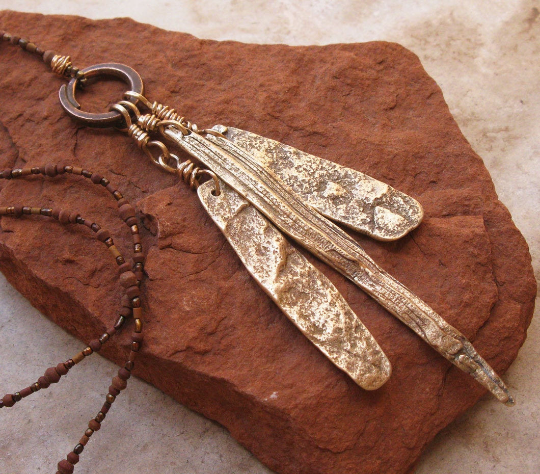 Bronze Sedona Vortex Rock and Wood Talismans on Pipestone, Jasper and Rice Pearls