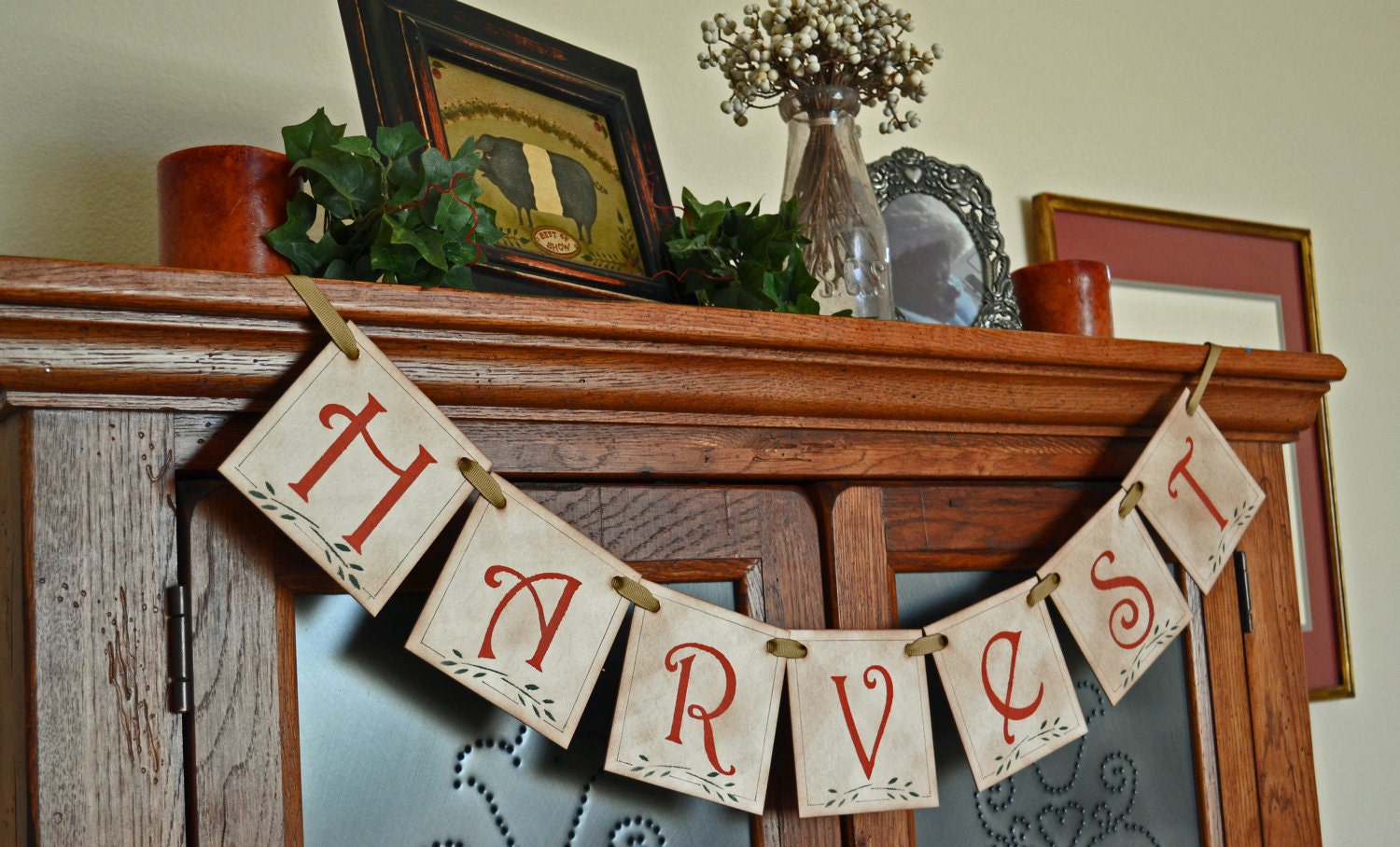 Primitive Folk Art, HARVEST Banner, Garland - Thanksgiving, Fall, Autumn