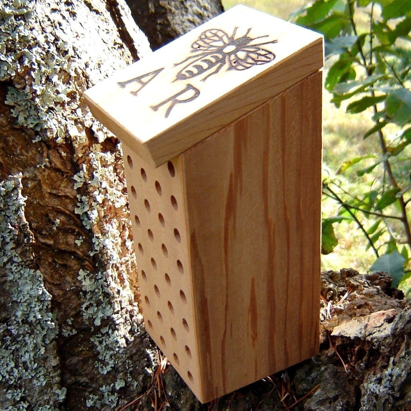 Wooden Bee House With Branding Iron Stamped Bee Logo Roof
