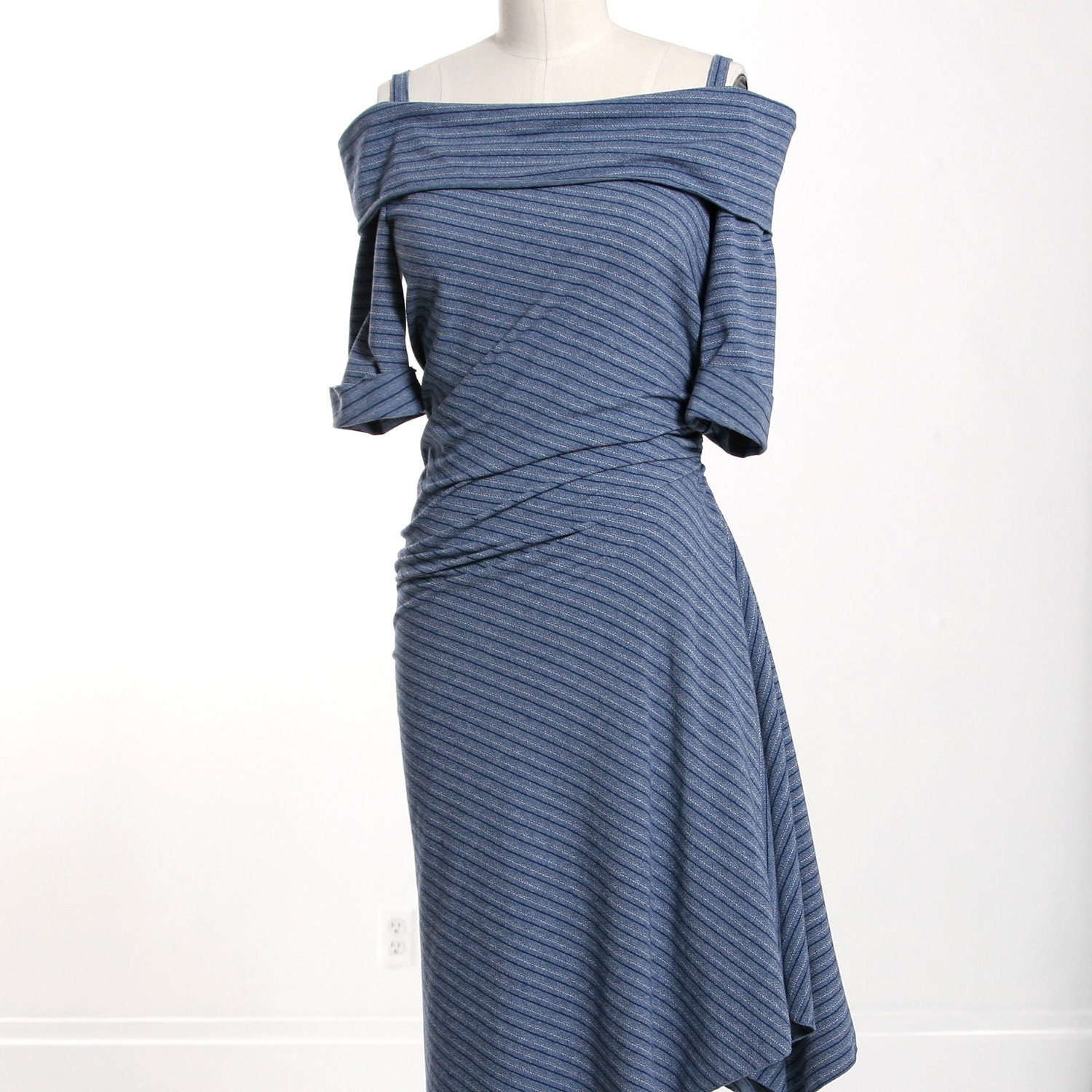 Denim Blue Stripe Off Shoulder Twisted Drape Dress