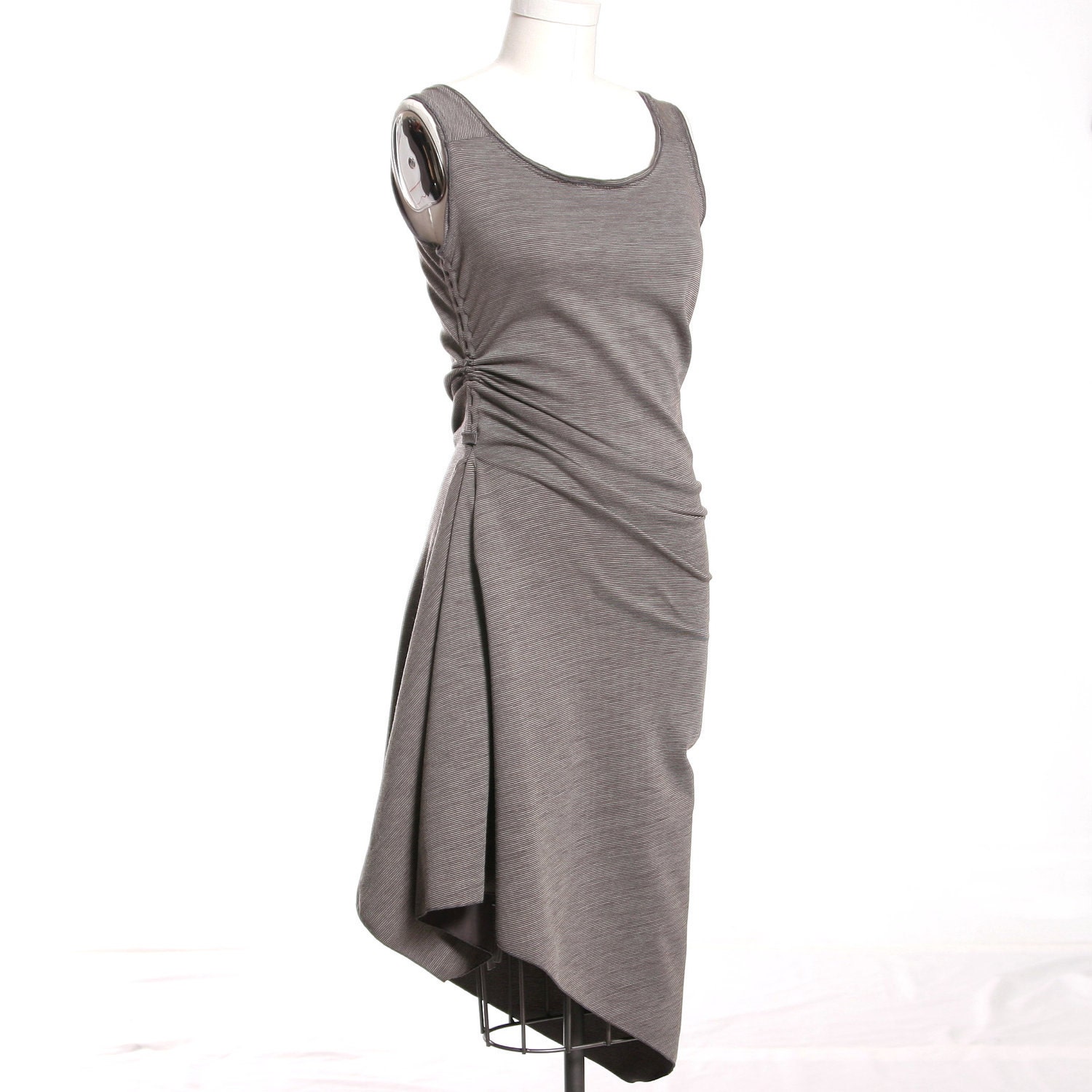 Mauve and Grey Mini Stripe Wool Knit Reversible Twist Drape Dress with Asymmetric Hem