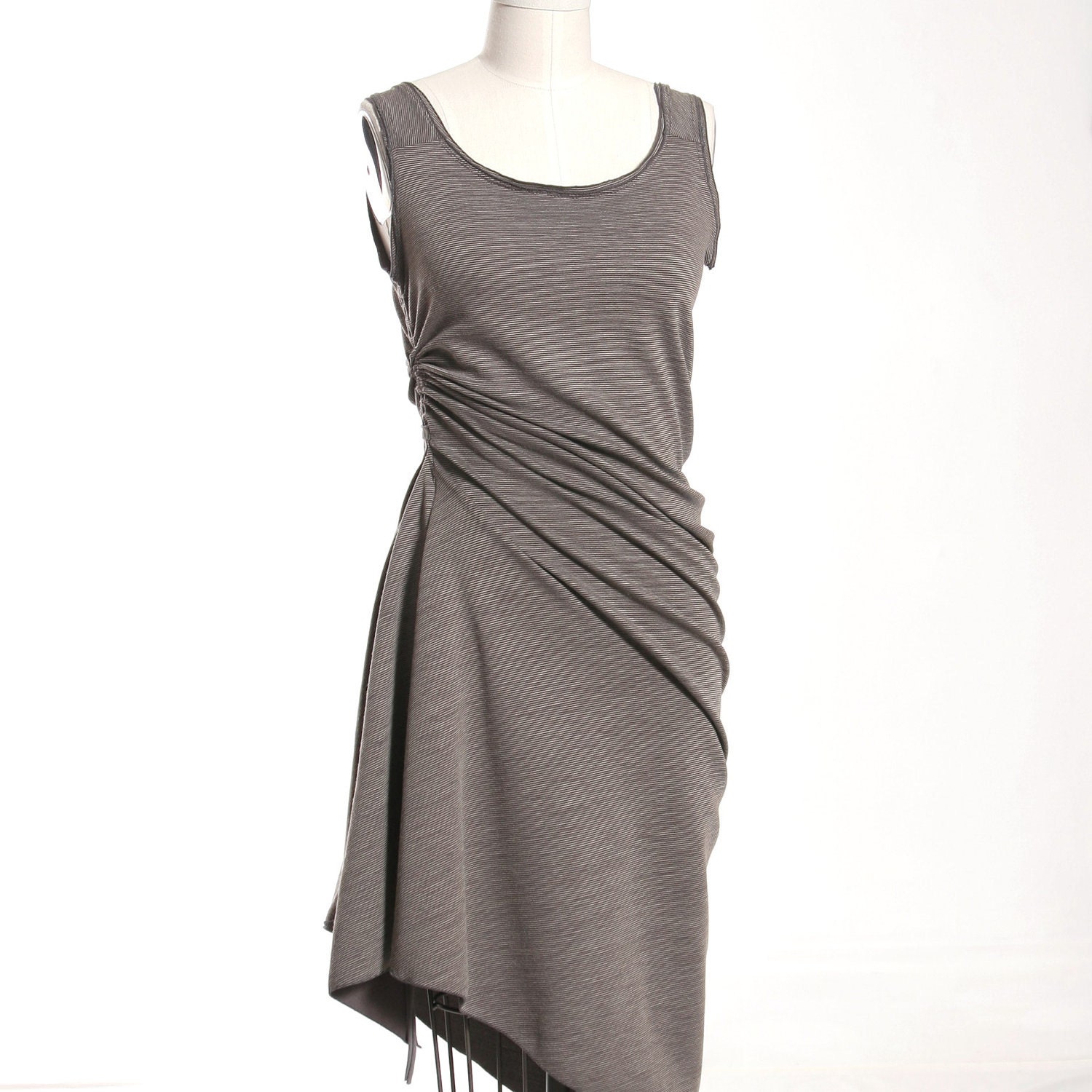 Mauve and Grey Mini Stripe Wool Knit Reversible Twist Drape Dress with Asymmetric Hem