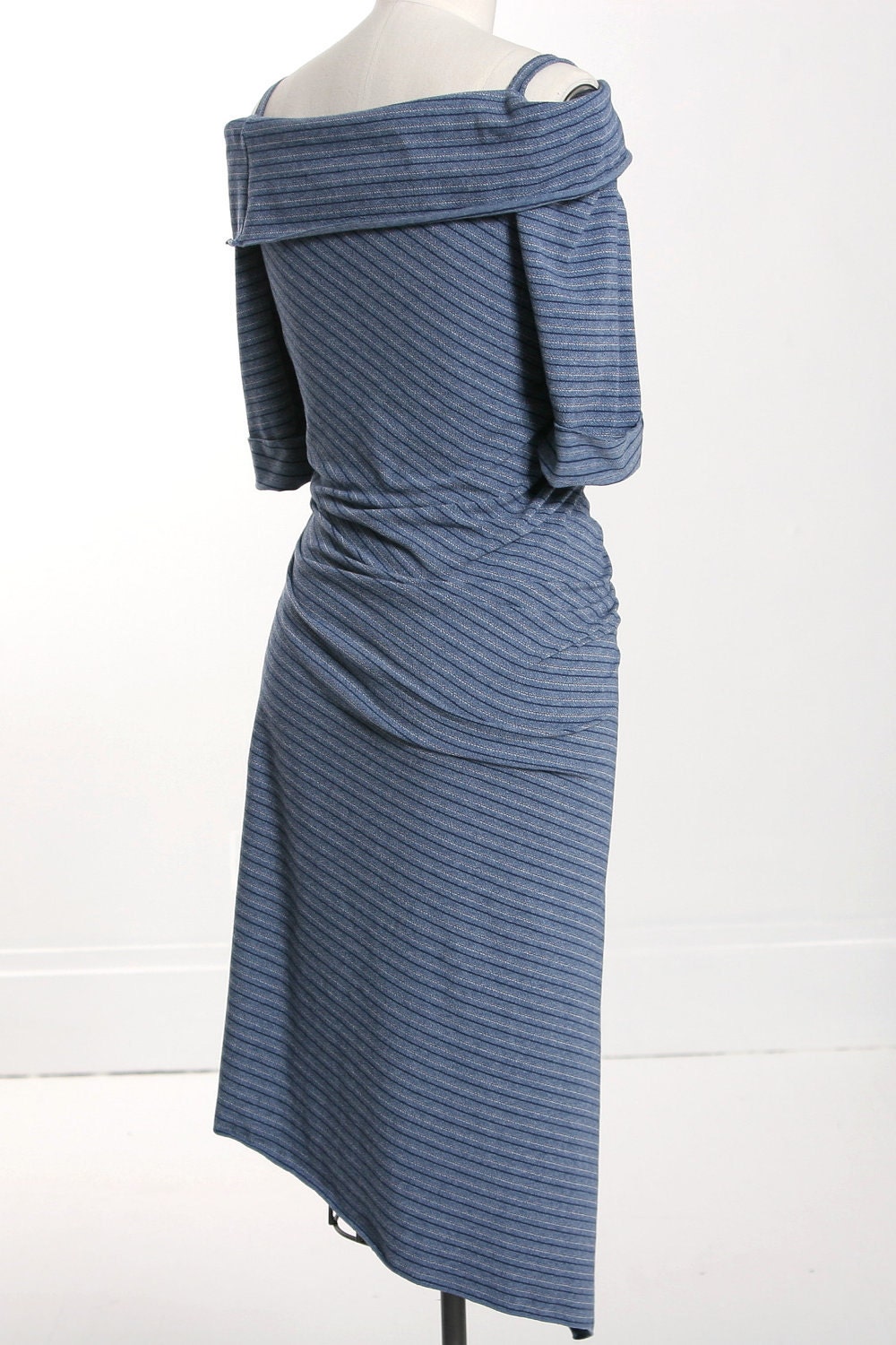 Denim Blue Stripe Off Shoulder Twisted Drape Dress