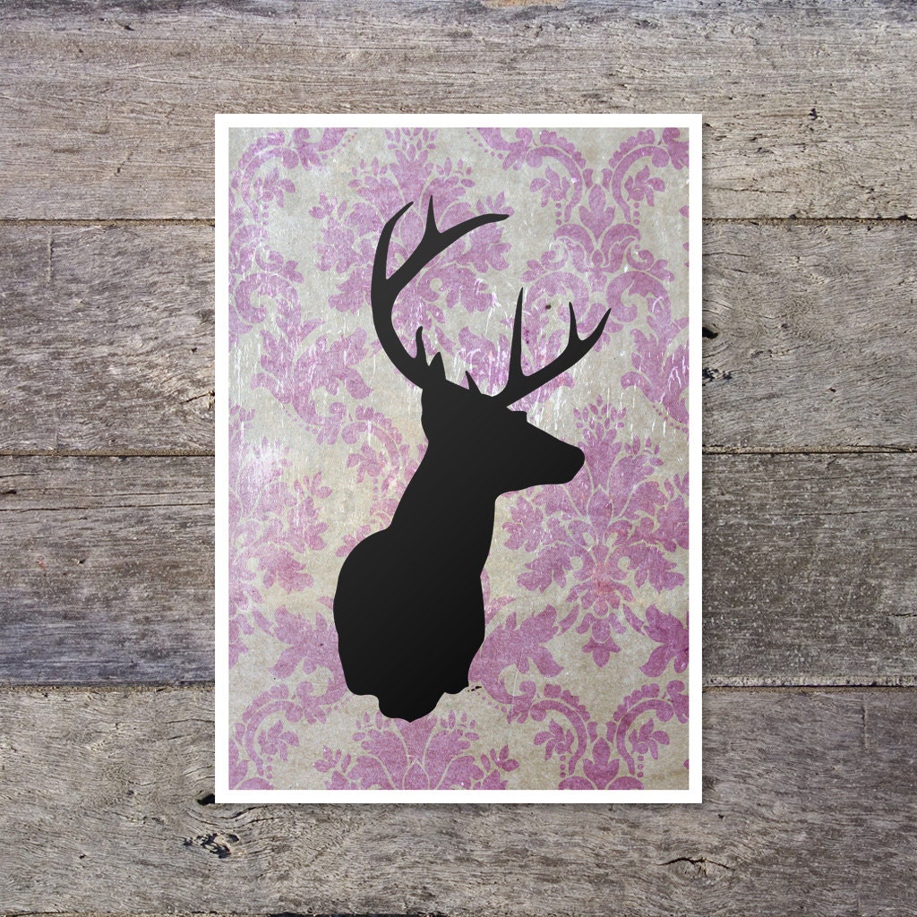 Stag on Pink - stags head on pink flock wallpaper
